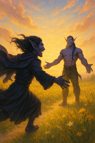 A vivid and emotional scene of a reunion in an afterlife meadow Einariel a dark purple skinned male .png