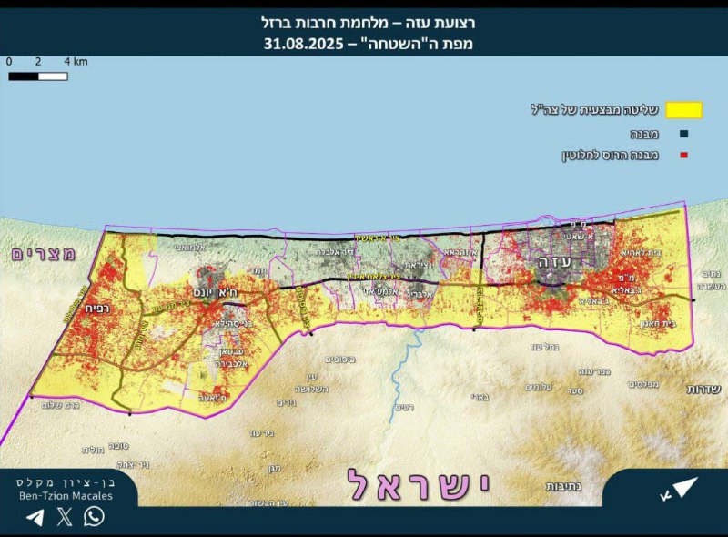 مراسل القناة 12 العبرية، "عميت سيغال":

- هذه خريطة توضّح المناطق التي شهدت عمليات إسرائيلية تسببت بدمار كامل أو أضرار جسيمة في المباني بمختلف أنحاء ق...