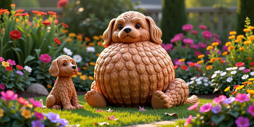 A golden doodle sculpture with an absurdly large spherical belly sitting like a plush teddy bear in .jpg