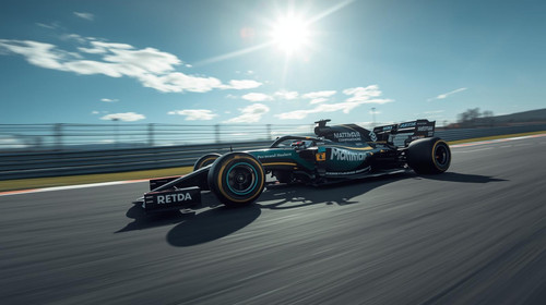 Create a picture of a F1 Car racing across a f1 track. make it look very good. the f1 car should hav.jpg