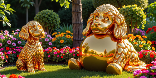 Two golden doodle sculptures set within a vibrant garden landscape crafted entirely from polished go.jpg