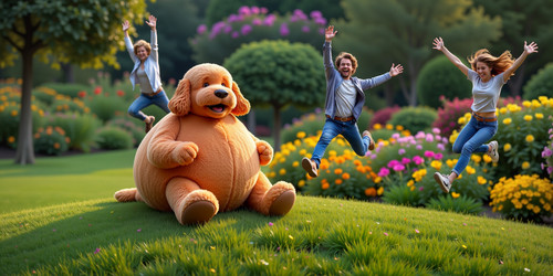 Big Belly Bob BBB an absurdly large spherical belly plush labradoodle sits contentedly on a grassy h.jpg
