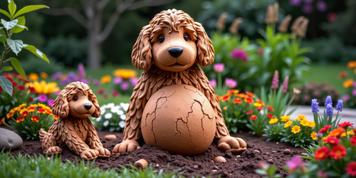 Two golden doodle sculptures one standing and one seated crafted entirely from rich dark earth and o.jpg