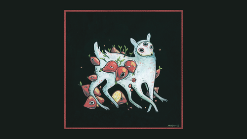 a white dog with fruits on it.png