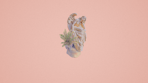 a statue of a woman with wings and a plant.png
