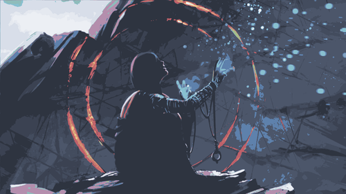 a person with arms raised and a circle of lights.png