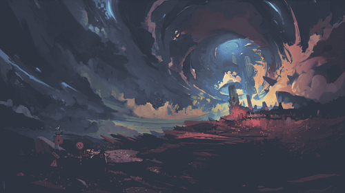 a painting of a building with smoke coming out of it.png