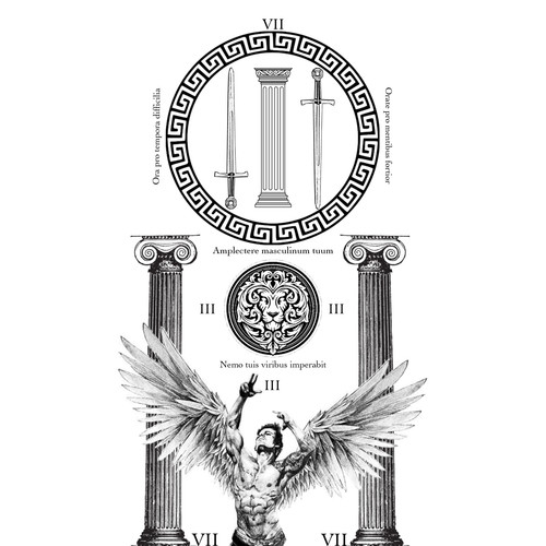 a drawing of a man with wings and a circular pattern.jpg