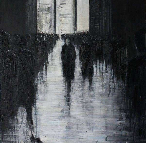 a painting of a person walking in a hallway.jpg