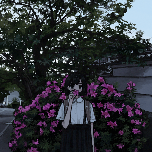 a cartoon of a girl standing under a tree with purple flowers.png