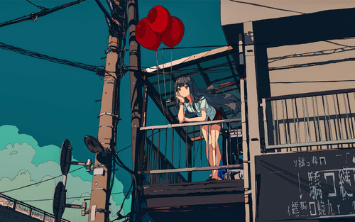 a cartoon of a girl standing on a balcony with red balloons.jpg