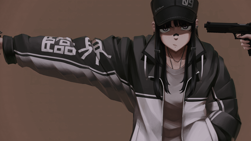 a cartoon of a girl with long hair wearing a black hat and jacket.png