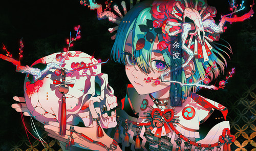 a cartoon of a girl with blue hair and a skull.jpg