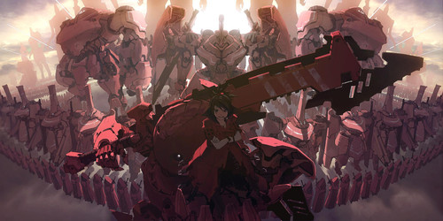 a cartoon of a woman in a red dress with a large weapon.jpg