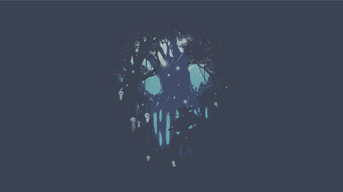 a cartoon of a scary face with a ghost in the woods.png