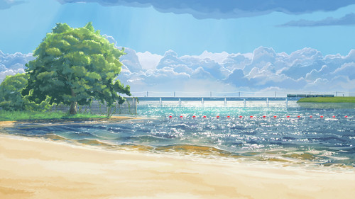a beach with a bridge and trees 01.jpg