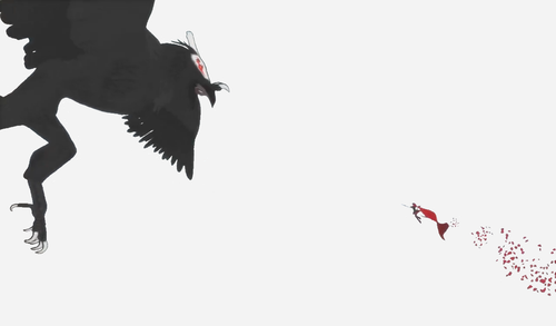 a bird flying with a red cape and a man flying.png