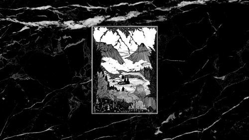 a black and white picture of mountains and trees.png