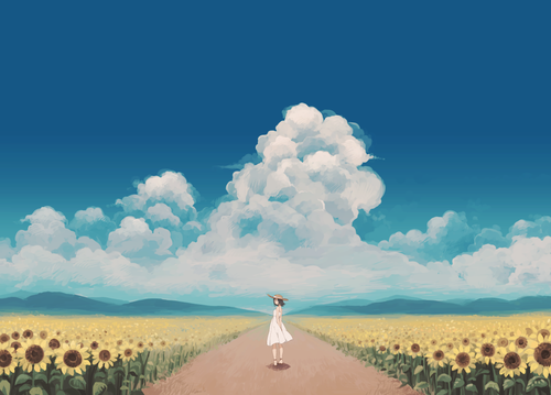 a woman standing on a road with sunflowers.png