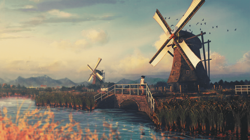 a woman standing on a bridge over a bridge with windmills in the background.png