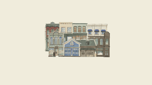 a group of buildings with blue awnings.png