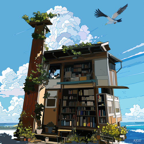 a bird flying over a building.jpg