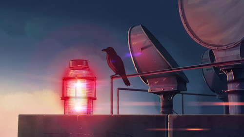 a bird sitting on a railing next to a satellite dish.jpg