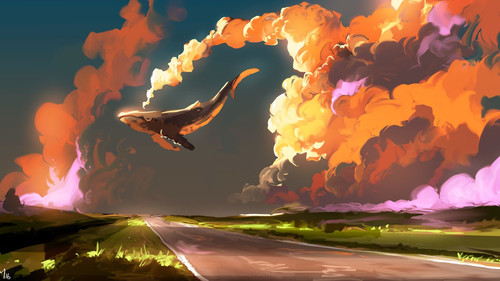 a cartoon of a whale flying over a road.jpg