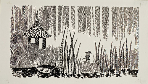 a drawing of a boy in a hat and a boat in a swamp.jpg