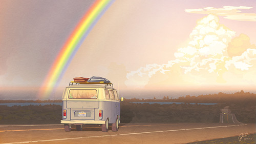 a van on the road with a rainbow in the background.jpg