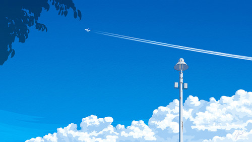 a white light pole with a jet trail in the sky.jpg