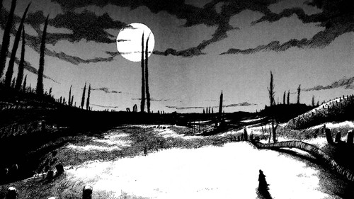 a black and white drawing of a person walking in a snowy field.jpg