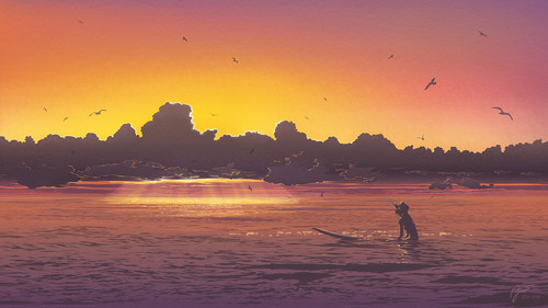 a person on a surfboard in the water with birds flying in the sky.jpg