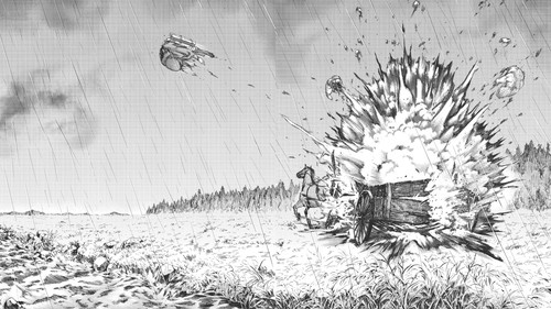 a black and white image of a cart with a fireball.jpg