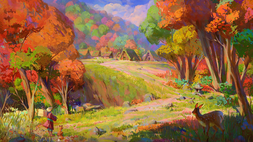 a painting of a landscape with trees and houses.jpg
