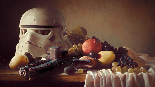 a white helmet with a gun and fruit on a table.png