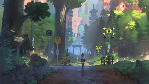 a girl walking on a road in a forest.jpg