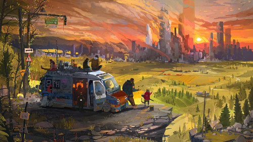 a group of people standing on a road with a city in the background.jpg