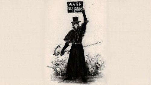 a drawing of a person wearing a mask and holding a sign.jpg