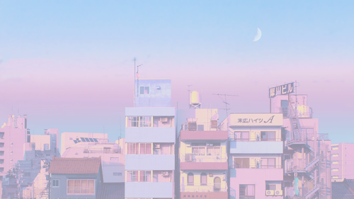 a group of buildings with a moon in the sky.png
