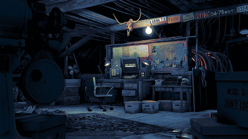 a room with a desk and a chair and a skull on the wall.jpg