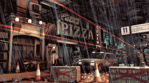 a building with traffic cones and cars in the rain.jpg