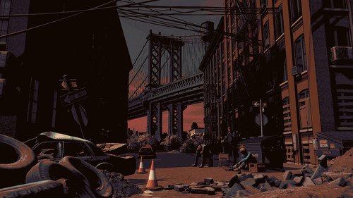 a street with a bridge and people sitting on it.jpg