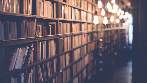 a bookshelf with lights from the ceiling.jpg
