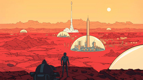 a cartoon of a space ship and a man standing on a rocky surface.jpg
