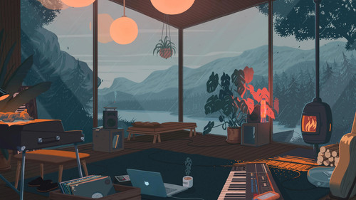 a room with a large window and a piano keyboard and a large fire.jpg