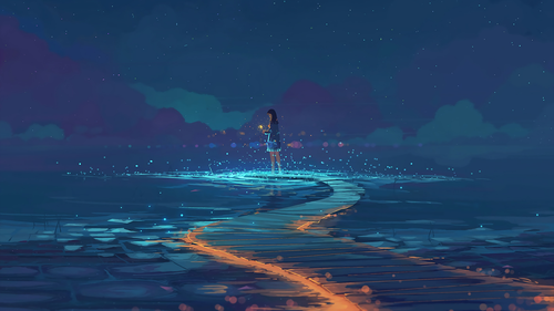 a woman standing on a path with glowing lights.png
