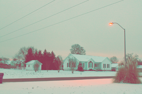 a snow covered houses and a street light.png