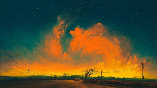 a car on a road with orange clouds in the sky.jpg