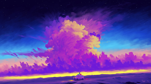 a car on a road with purple clouds in the sky.png